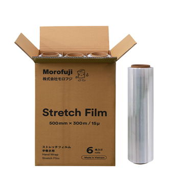 【梱包資材】モロフジストレッチフィルム手巻き用 厚み15μ幅500mm×300m巻(6巻入)