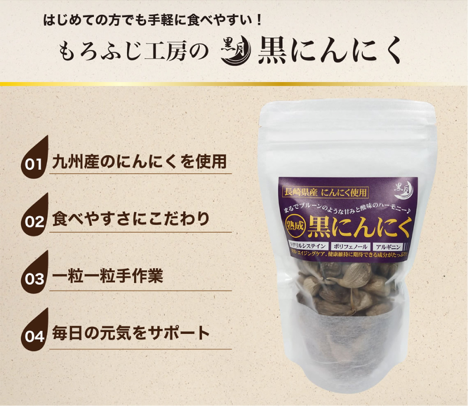 はじめての方でも手軽に食べやすい！「もろふじ工房の黒にんにく」。食べやすい理由として、「1、九州産のにんにくを使用」「2、食べやすさにこだわり」「3、一粒一粒手作業」「4、毎日の元気をサポート」