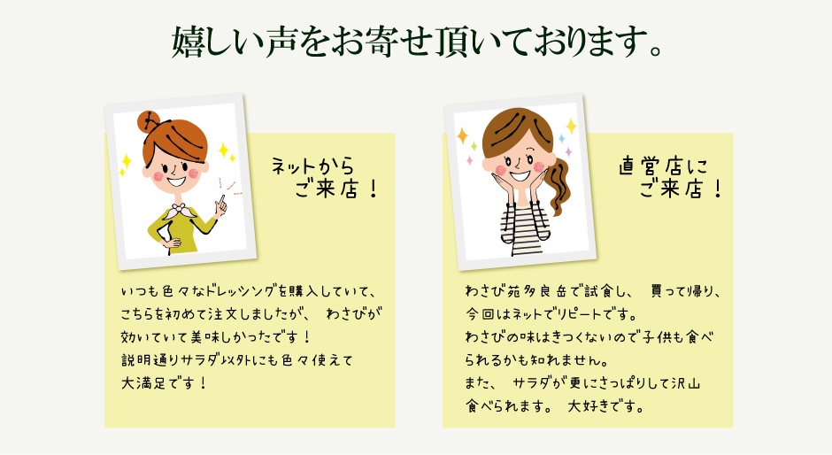嬉しい声をお寄せ頂いております。ネットからご来店された方より。いつも色々なドレッシングを購入していて、こちらを初めて注文しましたが、わさびが効いていて美味しかったです！説明通りサラダ以外にも色々使えて大満足です！直営店ご来店された方より。わさび苑多良岳で試食し、買って帰り、今回はネットでリピートです。わさびの味はきつくないので子供も食べられるかも知れません。また、サラダが更にさっぱりして沢山食べられます。大好きです。