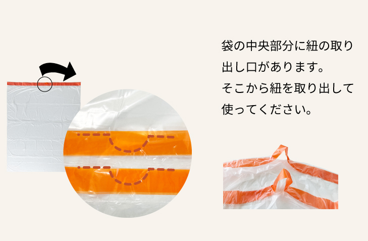 袋の中央部分に紐の取り出し口があります。そこから紐を取り出して使ってください。